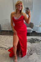 Load image into Gallery viewer, Red Sweetheart Satin Long Formal Dress with Slit