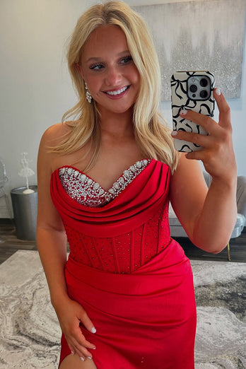Red Sweetheart Satin Long Formal Dress with Slit