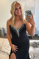 Load image into Gallery viewer, Black Satin Long Mermaid Formal Dress with Beading