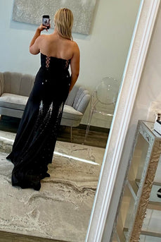 Black Satin Long Mermaid Formal Dress with Beading