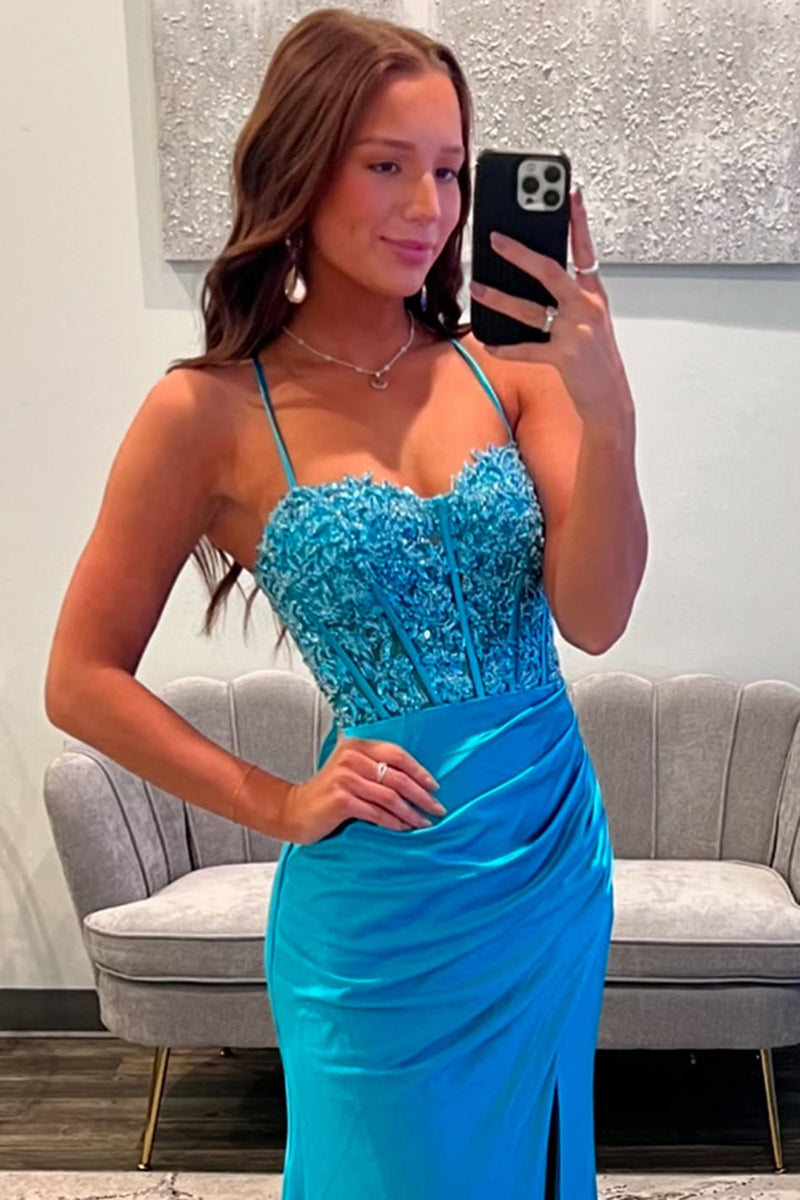 Load image into Gallery viewer, Blue Satin Long Corset Formal Dress with Appliques