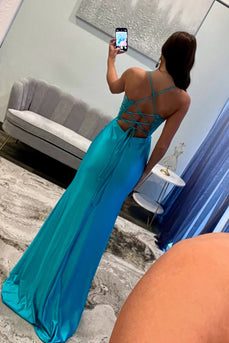 Blue Satin Long Corset Formal Dress with Appliques