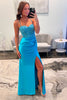 Load image into Gallery viewer, Blue Satin Long Corset Formal Dress with Appliques