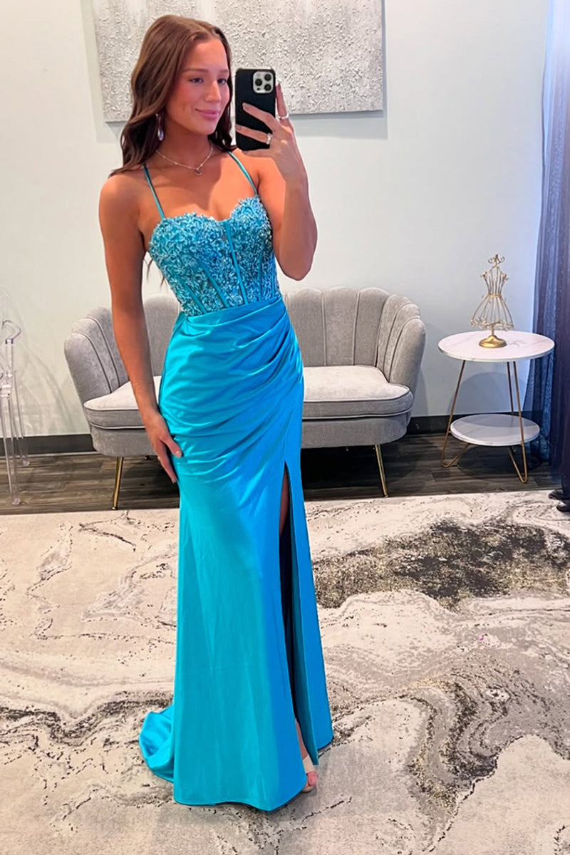 Load image into Gallery viewer, Blue Satin Long Corset Formal Dress with Appliques