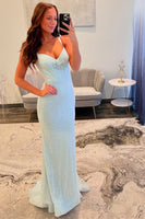 Load image into Gallery viewer, Sparkly Light Blue Sequins Mermaid Long Corset Formal Dress