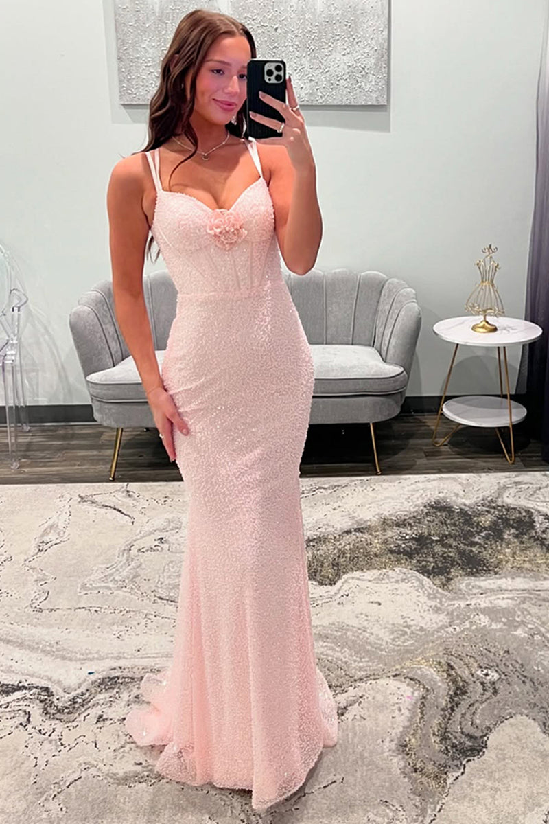 Load image into Gallery viewer, Sparkly Light Blue Sequins Mermaid Long Corset Formal Dress