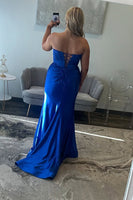 Load image into Gallery viewer, Royal Blue Satin Long Corset Formal Dress with Slit