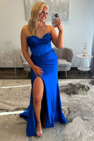 Load image into Gallery viewer, Royal Blue Satin Long Corset Formal Dress with Slit