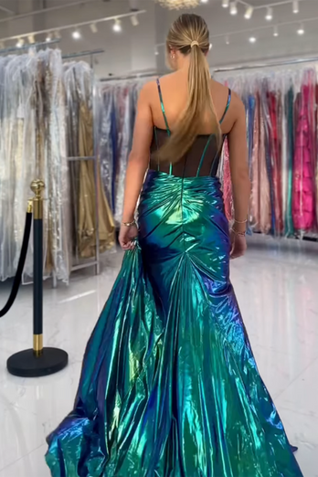 Green Spaghetti Straps Metallic Long Corset Formal Dress with Slit
