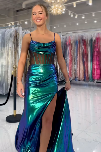 Green Spaghetti Straps Metallic Long Corset Formal Dress with Slit