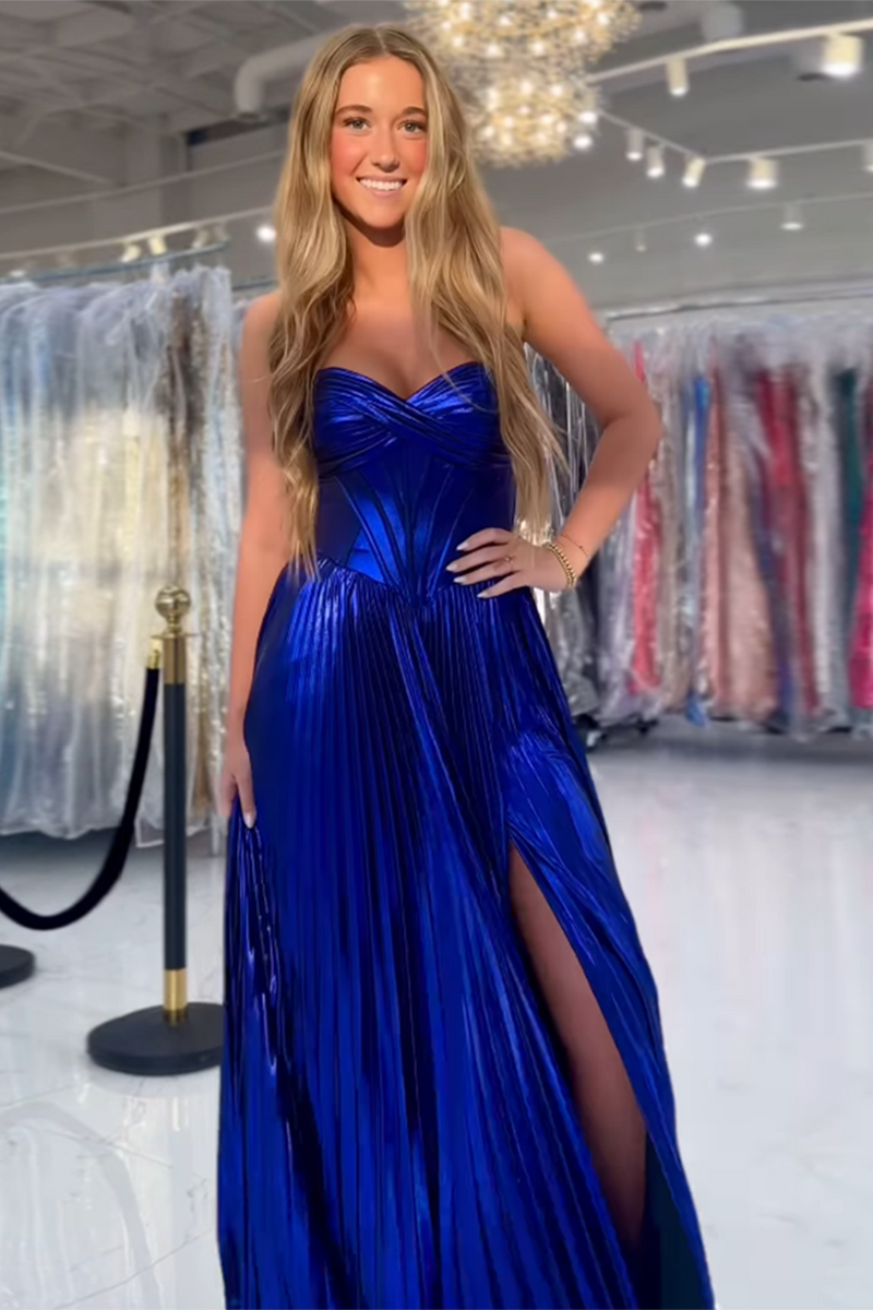 Load image into Gallery viewer, Royal Blue Metallic Pleated A-Line Formal Dress with Slit