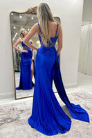 Load image into Gallery viewer, Royal Blue Satin Long Corset Formal Dress with Appliques