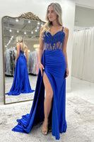 Load image into Gallery viewer, Royal Blue Satin Long Corset Formal Dress with Appliques