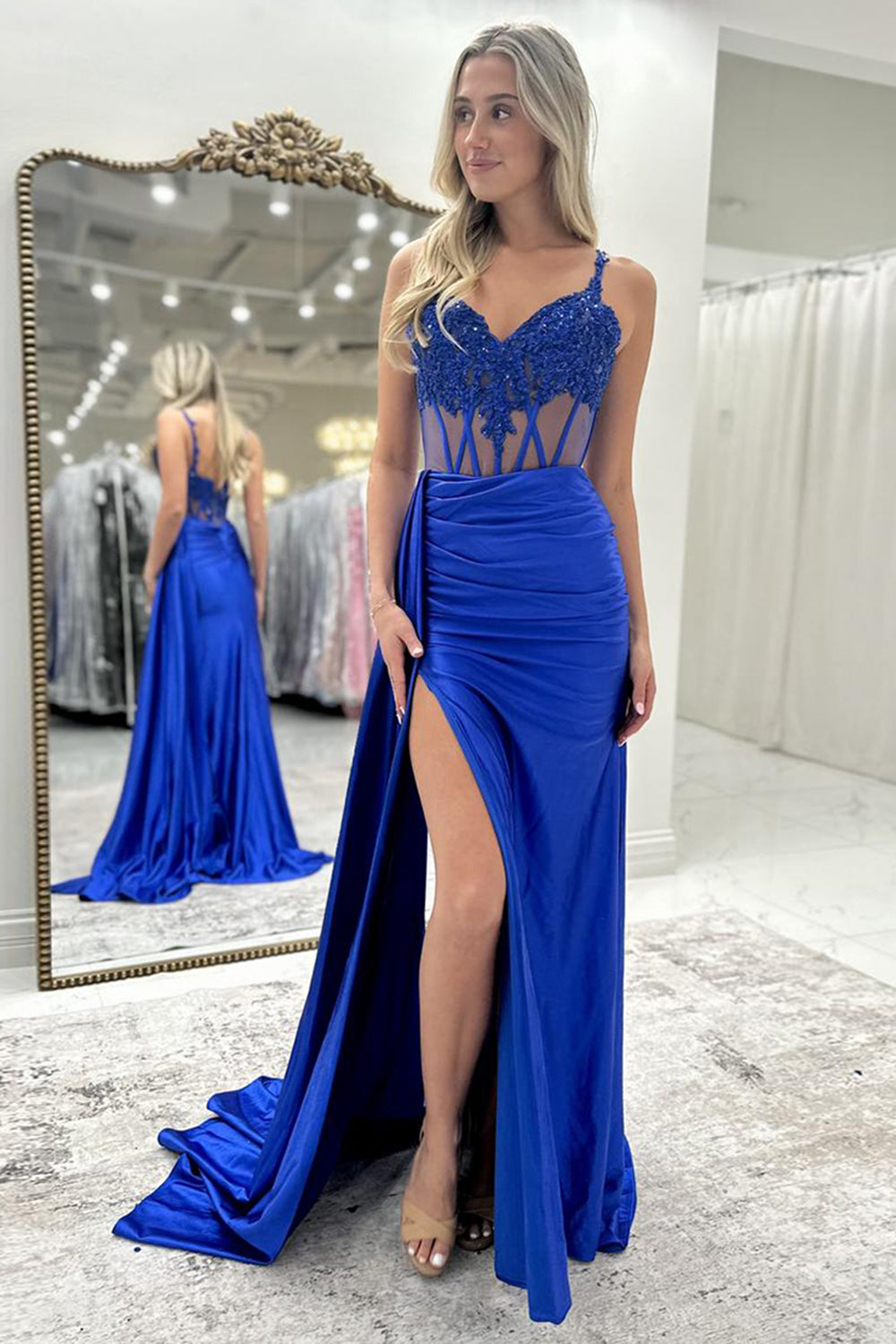 Royal Blue Satin Long Corset Formal Dress with Appliques