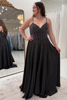 Load image into Gallery viewer, Black Satin Long A-Line Corset Formal Dress with Beading