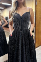Load image into Gallery viewer, Black Satin Long A-Line Corset Formal Dress with Beading