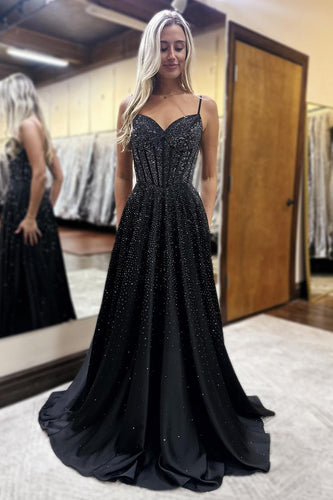 Black Satin Long A-Line Corset Formal Dress with Beading