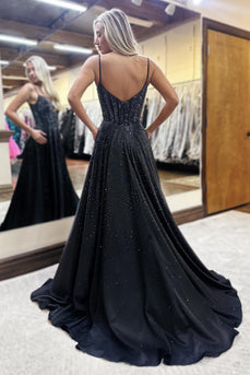 Black Satin Long A-Line Corset Formal Dress with Beading