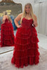Load image into Gallery viewer, Red Strapless Tulle Tiered Long Formal Dress with Appliques