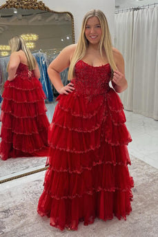Red Strapless Tulle Tiered Long Formal Dress with Appliques