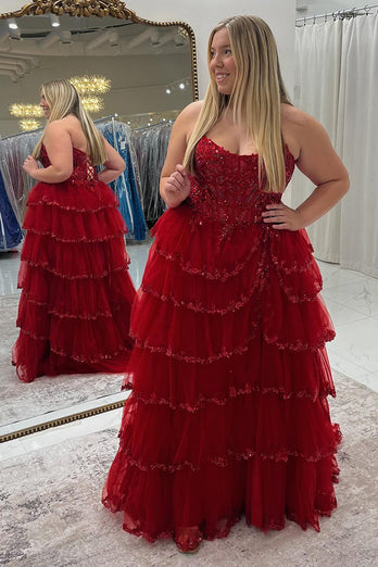 Red Strapless Tulle Tiered Long Formal Dress with Appliques