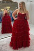 Load image into Gallery viewer, Red Strapless Tulle Tiered Long Formal Dress with Appliques
