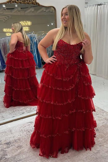 Red Strapless Tulle Tiered Long Formal Dress with Appliques