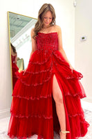 Load image into Gallery viewer, Red Strapless Tulle Tiered Long Formal Dress with Appliques