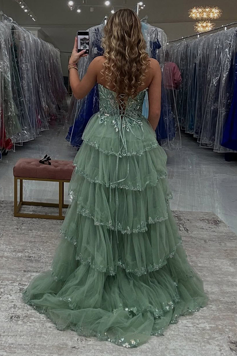Load image into Gallery viewer, Red Strapless Tulle Tiered Long Formal Dress with Appliques