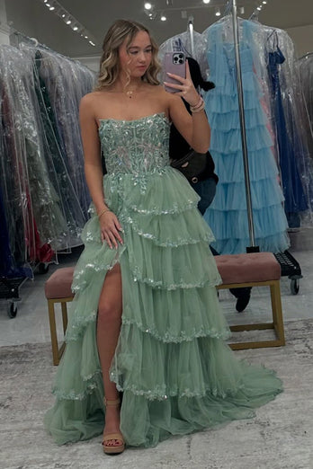 Red Strapless Tulle Tiered Long Formal Dress with Appliques