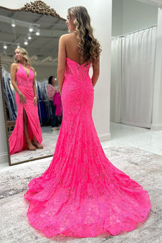 Pink Lace Halter Mermaid Long Formal Dress with Slit