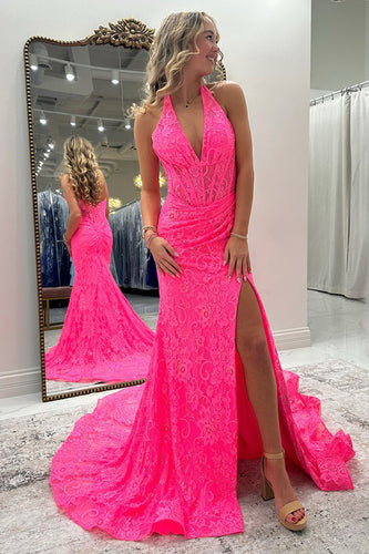 Pink Lace Halter Mermaid Long Formal Dress with Slit