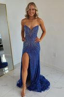 Load image into Gallery viewer, Glitter Royal Blue Beaded Long Formal Dress with Slit