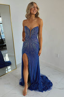 Load image into Gallery viewer, Glitter Royal Blue Beaded Long Formal Dress with Slit