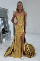 Load image into Gallery viewer, Gold Metallic Mermaid Corset Long Formal Dress with Slit