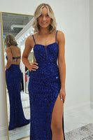 Load image into Gallery viewer, Sparkly Royal Blue Sequin Mermaid Long Formal Dress with Slit