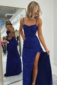 Sparkly Royal Blue Sequin Mermaid Long Formal Dress with Slit