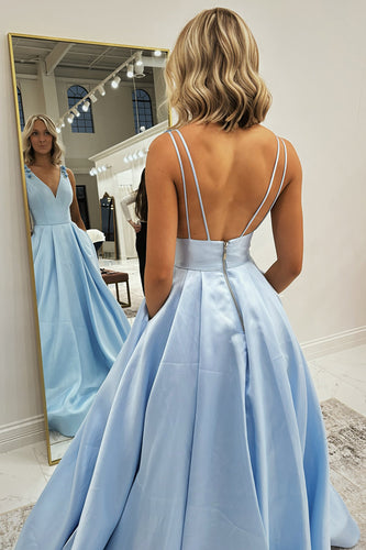 Light Blue A Line Satin V-Neck Long Formal Dress with Pockets