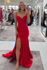 Load image into Gallery viewer, Red Satin Spaghetti Straps Corset Formal Dress with Slit