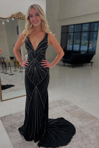 Sparkly Black Beaded Long Formal Dress with Train
