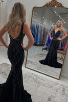 Load image into Gallery viewer, Sparkly Black Beaded Long Formal Dress with Train