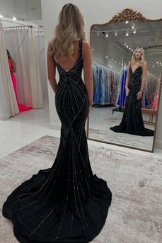 Sparkly Black Beaded Long Formal Dress with Train