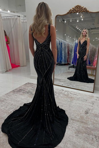 Sparkly Black Beaded Long Formal Dress with Train
