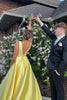 Load image into Gallery viewer, Yellow Satin V Neck A Line Long Formal Dress