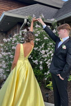 Yellow Satin V Neck A Line Long Formal Dress
