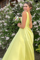 Load image into Gallery viewer, Yellow Satin V Neck A Line Long Formal Dress