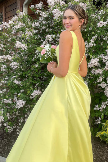 Yellow Satin V Neck A Line Long Formal Dress
