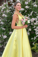 Load image into Gallery viewer, Yellow Satin V Neck A Line Long Formal Dress