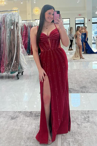 Glitter Burgundy Beaded Long Formal Dress with Slit