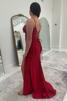 Glitter Burgundy Beaded Long Formal Dress with Slit